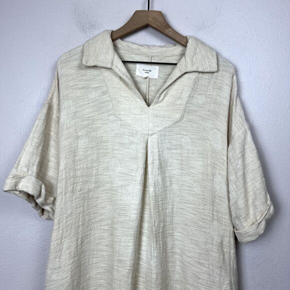 AMENTE Lagenlook Midi Dress Size M/L Linen Cotton Oatmeal Beige Relaxed Pockets - Picture 2 of 11